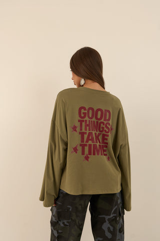 MAGLIA "GOOD THINGS TAKE TIME" VERDE