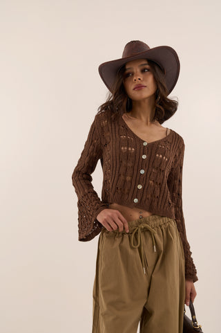 CROP CARDIGAN CROCHET BOHEME MARRONE