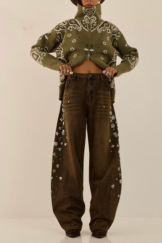 CRYSTAL GARDEN DENIM JEANS MARRONE