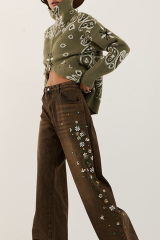 CRYSTAL GARDEN DENIM JEANS MARRONE