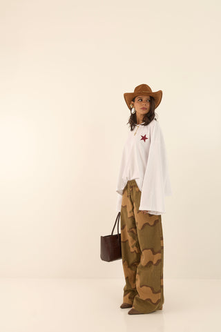 JEANS WIDE LEG CAMOUFLAGE DUNE