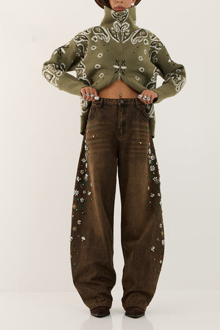 CRYSTAL GARDEN DENIM JEANS MARRONE