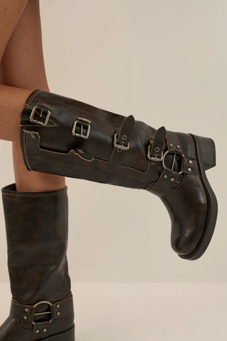 STIVALE BIKER SQUADRATO VINTAGE MARRONE