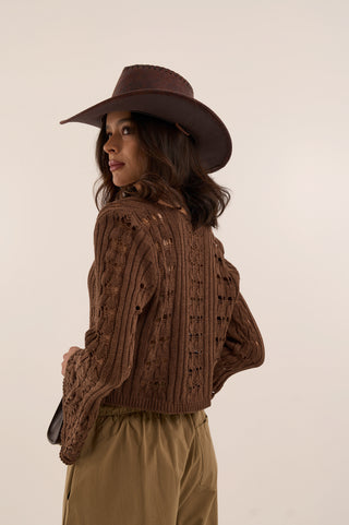 CROP CARDIGAN CROCHET BOHEME MARRONE