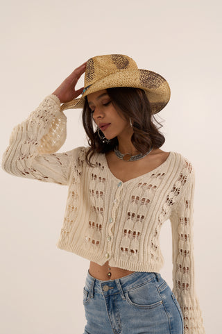 CROP CARDIGAN CROCHET BOHEME CREMA