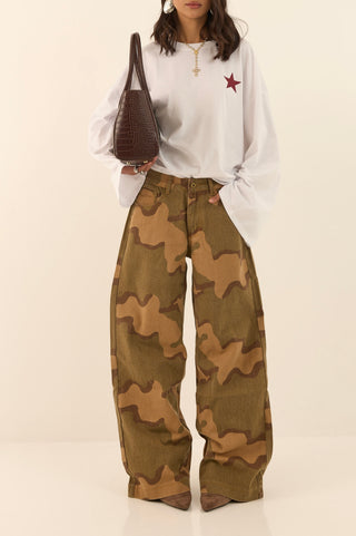 JEANS WIDE LEG CAMOUFLAGE DUNE