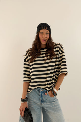 T-SHIRT squadrata a righe MARTINA NERO