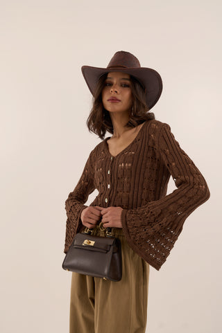 CROP CARDIGAN CROCHET BOHEME MARRONE