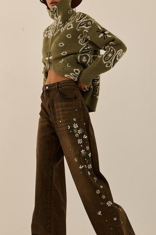 CRYSTAL GARDEN DENIM JEANS MARRONE