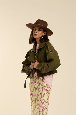 OLIVE LEATHER BOMBER