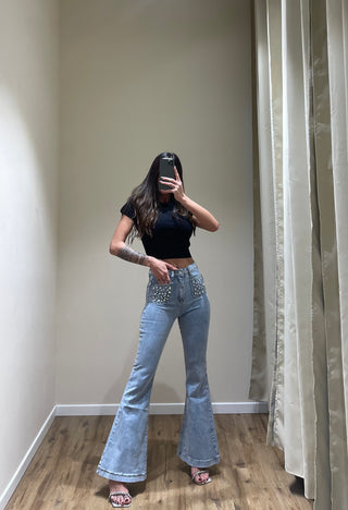 Jeans vita alta con strass